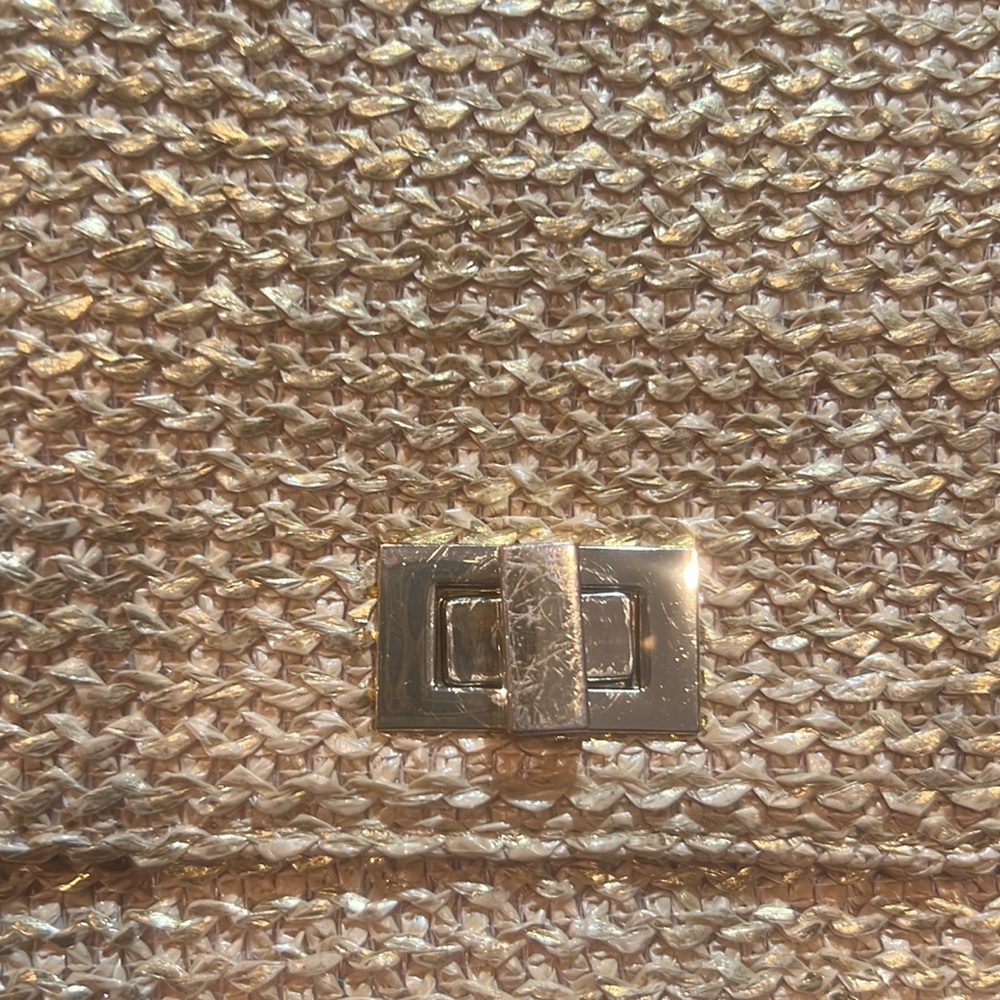 Mini Woven Crossbody Bag! Chain Link Strap. Turn Lock Closure. Metallic Gold - Picture 7 of 15